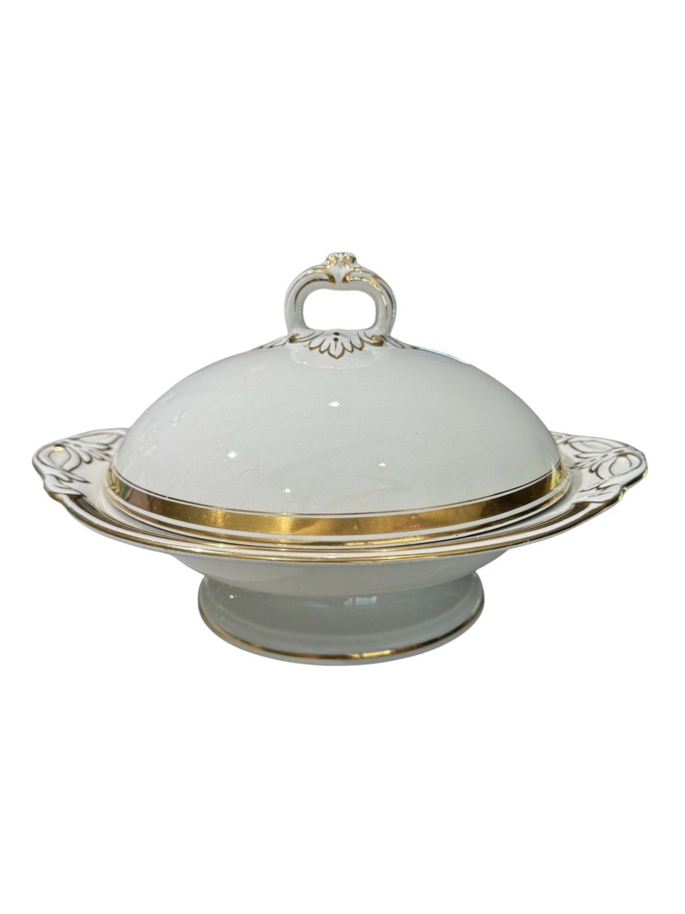 VTG White & Gold Trim Porcelain Covered Footed Serving Dish 10" Stamped Unsigned